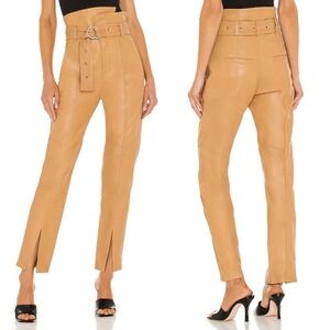 Marissa Webb Anniston Split Hem 100% Leather Pant Fawn Tan‎ Ankle Belted Size 2